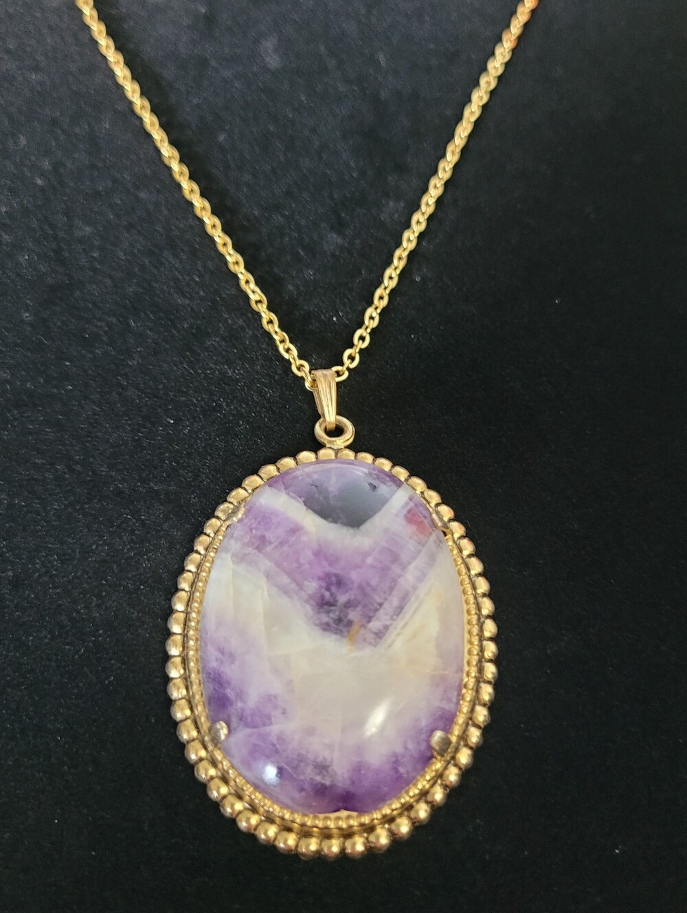 Vtg Agate Herringbone Pendant Necklace Silvertone Brown White Large 2 In Long